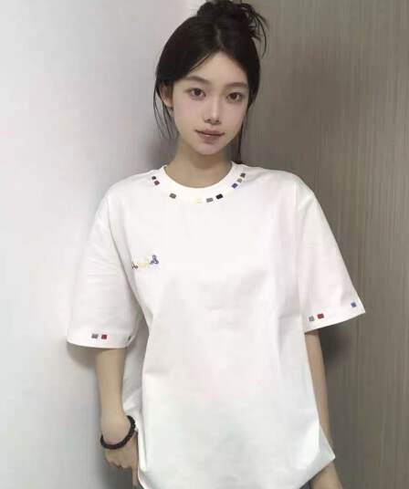 순면 240 그램 원본 자수 품질 업그레이드 자수 알파벳 티셔츠 반팔 여성 여름 드레스 여름 루즈핏 아메리칸