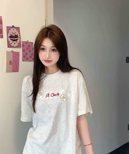 순면 240 그램 원본 자수 품질 업그레이드 아메리칸 디자인 루즈핏 알파벳 다용도 트렌드 패션 여름 반팔