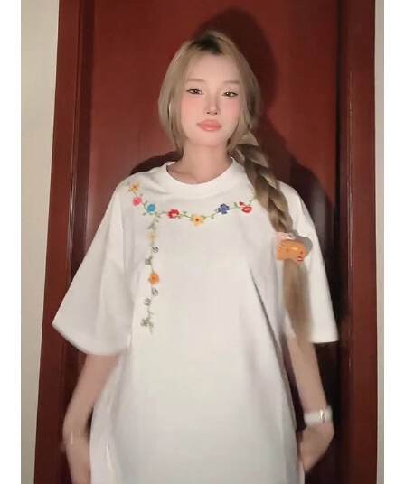 순면 240 그램 원본 자수 품질 업그레이드 아메리칸 디자인 꽃무늬 라운드 넥 루즈핏 다용도 패션 반팔 여름