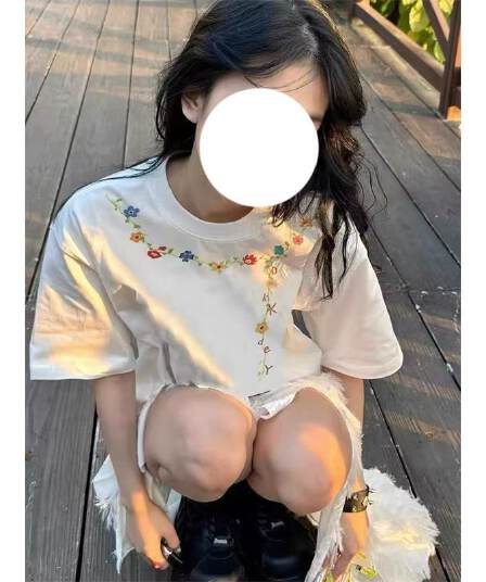 순면 240 그램 원본 자수 품질 업그레이드 2026 폭발 디자인 레이스 라운드 넥 루즈핏 티셔츠 여름 커플