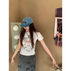 批发40支230克95%棉+5%氨纶后包领美式复古斑点狗印花<b class='q'>短袖</b>t恤