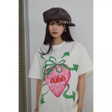 批发纯棉精梳紧密220克设计感Y2K手绘草莓<b class='q'>短袖</b>小众圆领<b class='q'>短袖</b>