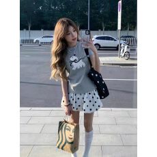 批发原版贴布绣花40支棉230克美式复古波点小狗蝴蝶结刺绣正肩短袖女