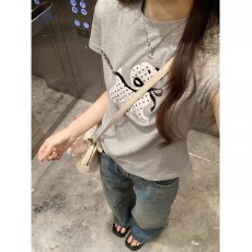 批发原版贴布绣花40支棉230克美式辣妹白色波点蝴蝶结小狗短袖<b class='q'>T</b><b class='q'>恤</b>上衣