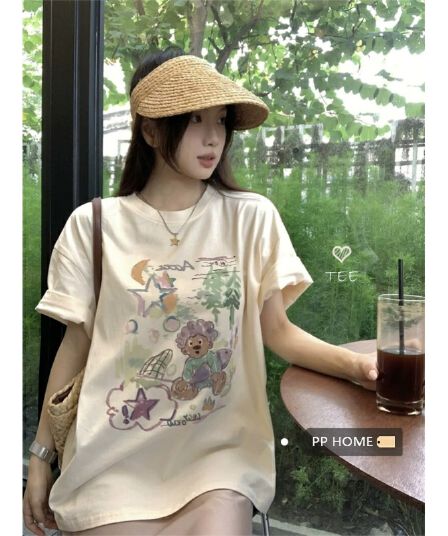 순면 빗질하다 닫기 220 그램 달콤함 귀여운 반팔 티셔츠 여성 루즈핏 다용도 재미있는 프린트 맨위