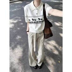 批发包芯纱洗水小马费尔岛提花翻领撞色针织衫短袖女夏季Polo领上衣