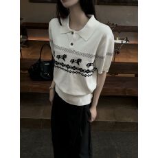 批发包芯纱洗水小马费尔岛提花翻领撞色针织衫短袖女夏季Polo领上衣