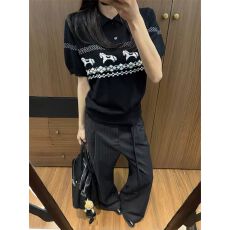 批发包芯纱洗水小马费尔岛提花翻领撞色针织衫短袖女夏季Polo领上衣