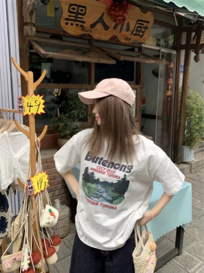 순면 빗질하다 닫기 220 그램 아메리칸 레트로 프린트 라운드 넥 반팔 티셔츠 여성 여름 회색 캐주얼
