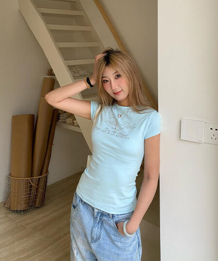 원본 은 분말 프린트 핫픽스 40 95 면 230 크 순면 아메리칸 라운드 넥 슬림해 보이는 긍정적 인 어깨 반팔 여성