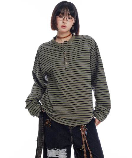 원본 원단 240 그램 조수 브랜드 더블 실 고급 빗질된 면 느슨함 느긋한 바람 미니멀리즘 루즈핏 스트라이프 긴팔