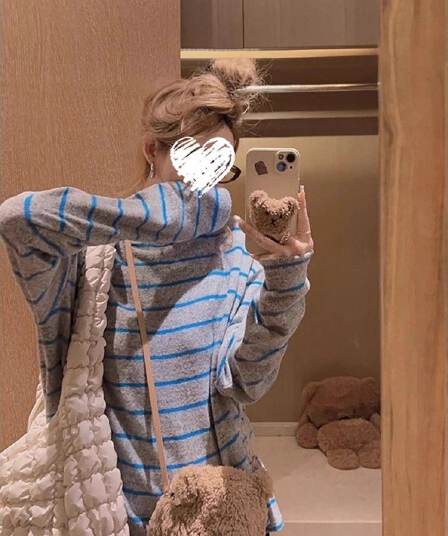 원본 양모 플리스 느낌 새로운 긴팔 플리스 스트라이프 티셔츠 여성 가을 한 부서 루즈핏 표지 고기