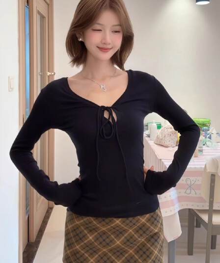 원본 품질 260 그램 사람들 면 프랑스식 달콤한 핫걸 타이트 슬림해 보이는 스트랩 긴팔 티셔츠 여성 가을