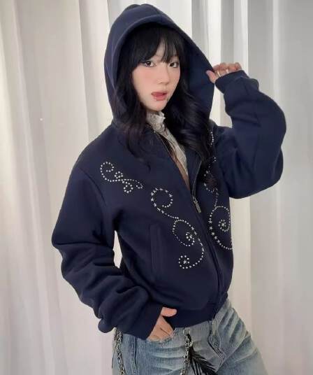 순면 복합 원본 크기 지퍼 핫픽스 순면 복합 해군 비즈 박기 모자 셔츠 후드티 여자