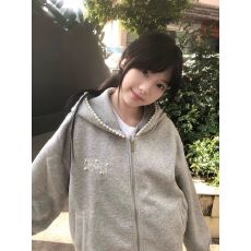 批发原版做工尺寸（铁拉链+绣花+订珠+内抽）纯棉秋美式复古珍珠钉珠