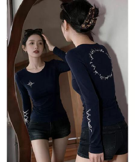 260 그램 원본 모달 면 광저우 원단 봄 가을 새로운 블루 아메리칸 핫걸 긴팔 티셔츠 몸매 가꾸기 슬림해 보이는