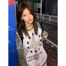 批发现货#原版做工华夫格纯棉面料美式街头风豹纹袖插肩长袖t恤女秋季