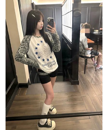 원본 솜씨 후아 남편 그리드 순면 원단 거리 바람 레오파드 무늬 소매 삽입 어깨 슬로건 알파벳 프린트 맨위