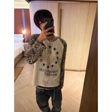 批发现货#原版做工华夫格纯棉面料豹纹插肩星星印花早秋宽松韩系<b class='q'>上衣</b>