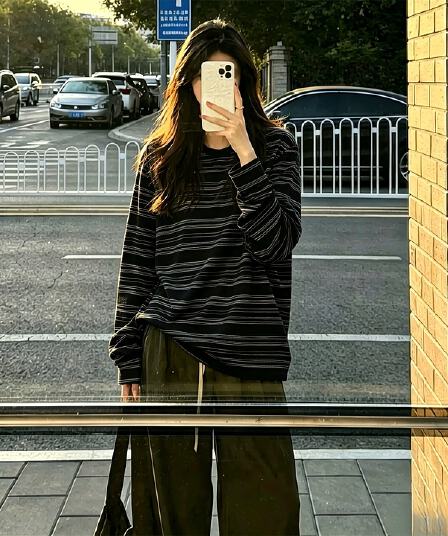 원본 더블 실 순면 스트라이프 230 크 아메리칸 레트로 스트라이프 긴팔 티셔츠 여성 슬림해 보이는 느슨함 맨위