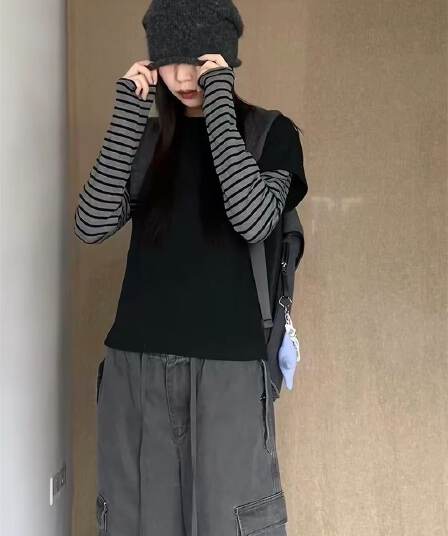 40 230 크 95 면 원본 품질 한 부서 패치워크 페이크 레이어드 검정색 스트라이프 긴팔 티셔츠 여성