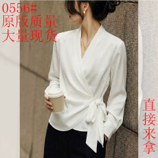 批发法式V领系带收腰<b class='q'>衬衫</b>女长袖白色高级感显瘦气质百搭通勤减龄上衣
