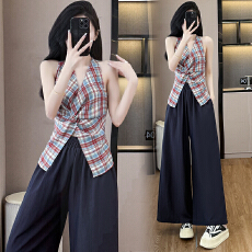 批发胖MM2026<b class='q'>新款</b>法式设计感小众格子无袖背心马甲+高腰显瘦<b class='q'>阔腿裤</b>女