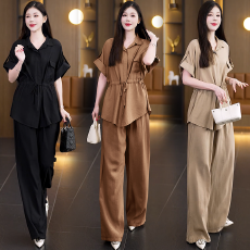 批发2026夏季新款胖妹妹时尚气质衬衫休闲裤优雅减龄显瘦两件套女洋气