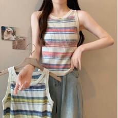 批发多巴胺彩虹条纹冰丝吊带背心女外穿夏季大码胖mm遮肚内搭别致上衣