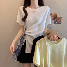 批发民族风丝带绑带收腰正肩短袖T恤女2026夏季新款大码胖mm掐腰上衣