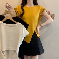 批发韩系木耳边压线下摆开叉无袖T恤女夏季新款后背镂空系带别致上衣