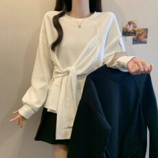 批发设计感开叉长袖卫衣打底衫女春秋大码胖mm显瘦系带收腰遮肚子上衣