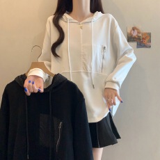 批发设计感连帽拉链口袋卫衣女春季大码胖妹妹休闲风气质百搭长袖上衣