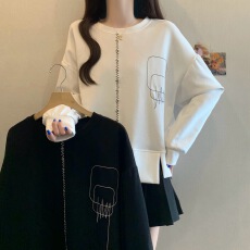 批发白色正肩长袖卫衣女2026春季新款大码胖mm宽松设计感百搭打底上衣