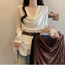 批发废土风荡领蕾丝长袖T恤女春季不规则荷叶边掐腰法式绝美叠穿上衣