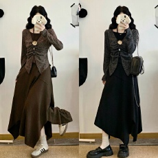 批发大码女装美拉德气质套装<b class='q'>春</b>季胖MM假两件长袖上衣垂感半身裙两件套