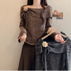 批发韩系氛围感早<b class='q'>春</b>一字肩咖色上衣2026新款<b class='q'>春</b>季女装喇叭袖不规则长袖