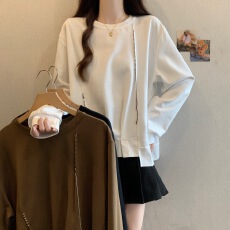 批发2026春季新款女装褶皱设计感长袖卫衣显瘦休闲通勤风咖色圆领上衣