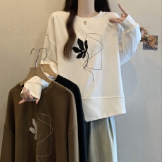批发实拍2026新款花朵刺绣白色圆领套头卫衣大码女装<b class='q'>胖</b><b class='q'>mm</b>宽松长袖上衣
