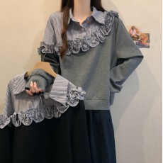 批发立体花朵条纹衬衫拼接正肩卫衣女2026春新款大码<b class='q'>胖</b><b class='q'>mm</b>洋气减龄上衣