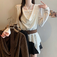 批发美式辣妹蕾丝镂空挂脖荡领长袖T恤女<b class='q'>春</b>季2026配腰带收腰显瘦上衣