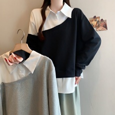 批发独特衬衫拼接灰色长袖卫衣女2026新款秋季大码胖mm别致假两件上衣