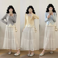 批发胖MM蕾丝荷叶边假两件蓝色针织长袖女温柔风修身上衣+半身裙套装