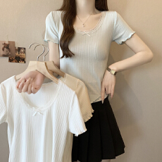 批发蓝色蕾丝边蝴蝶结短袖t恤女春夏新款u领正肩纯欲辣妹短款半袖上衣