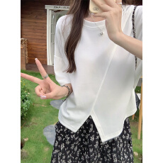 批发欧货正肩短袖T恤女2026夏季新款大码胖mm显瘦遮肚不规则开叉上衣