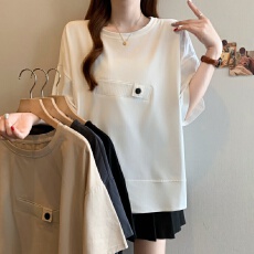 批发胖妹妹2026夏季新款设计感显瘦百搭小众假口袋纽扣开叉宽松女上衣