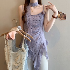 批发2026春夏新款度假风不对称飘带吊带背心女胖MM设计感美背收腰上衣