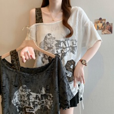 批发大码女装美式复古字母印花破洞长袖T恤女夏季胖MM宽松显瘦上衣女