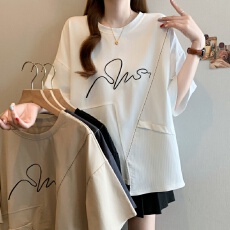 批发大码胖MM2026夏 新款韩系法式设计感上衣不规则下摆刺绣半袖t恤女