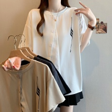 批发不规则短袖t恤女夏装大码胖mm时尚洋气假两件上衣独特别致打底衫